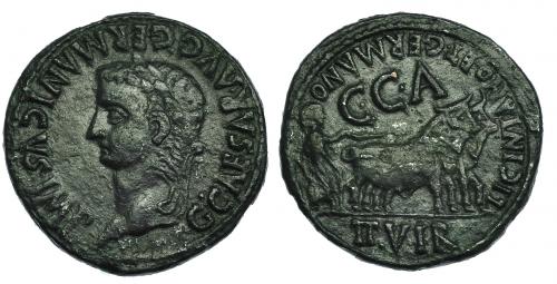 8 - CAESARAUGUSTA. Calígula. As (37-41). A/ Cabeza laureada a izq.: G. CAESAR AVG GERMANICVS IMP. R/ Sacerdote arando a der.; encima C.C.A., alrededor LICINIANO ET GERMANO / II VIR. I-391. RPC-371. Pequeñas marcas. Pátina oscura. MBC.