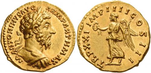 105   -  MARCUS AURELIUS AUGUSTUS. Aureus. AV 7.29 g. M ANTONINVS AVG – ARM PARTH MAX Laureate and cuirassed bust r. Rev. TR P XXI IMP IIII COS III Victory advancing l., holding wreath and palm branch. C 883 var. (also draped). Virtually as struck and almost Fdc.