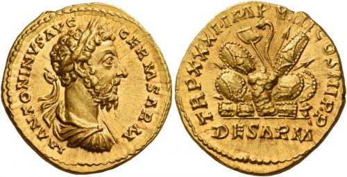 110   -  MARCUS AURELIUS AUGUSTUS. Aureus. AV 7.22 g. M ANTONINVS AVG – GERM SARM Laureate, draped and cuirassed bust r. Rev. TR P XXXI IMP VIII COS III P P Pile of arms; in exergue, DE SARM. Extremely rare and in exceptional condition for the issue, undoubtedly one of the finest specimens known of this intriguing issue. Virtually as struck and almost Fdc.