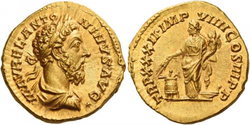 111   -  MARCUS AURELIUS AUGUSTUS. Aureus. , AV 7.33 g. M AVREL ANTO – NINVS AVG Laureate, draped and cuirassed bust r. Rev. TR P XXXII IMP – VIIII COS III P P Annona, draped and diademed, standing l., holding cornucopia and two ears of corn over modius filled with ears of corn and a poppy-head; on r., prow of ship. A bold portrait and a finely detailed reverse composition.
Virtually as struck and almost Fdc.