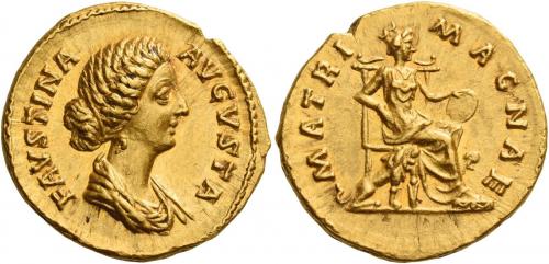 112   -  FAUSTINA II. Aureus. AV 7.26 g. FAVSTINA – AVGVSTA Draped bust r., hair waved and coiled at back of head. Rev. MATRI – MAGNAE Cybele seated r. on throne, holding drum; on either side, a lion. A lovely portrait struck in high relief, good extremely fine.