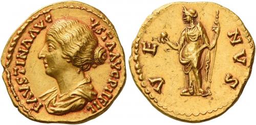 113   -  FAUSTINA II. Aureus. AV 7.28 g. FAVSTINA AVG – VSTA AVG P II FIL Draped bust l., hair coiled at back of head. Rev. VE – NVS Venus standing facing, head l., holding apple in r. hand and sceptre in l. An unusual portrait struck in high relief and a superb reddish tone. Almost invisible marks, otherwise extremely fine.