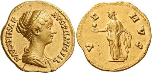 114   -  FAUSTINA II. Aureus. AV 7.17 g. FAVSTINAE – AVG PII AVG FIL Draped bust r., with band of pearls round head. Rev. V– E – NVS Venus standing l., holding apple in r. hand and rudder in l. 
