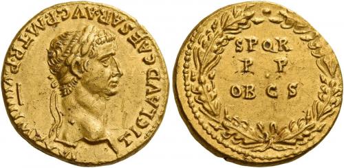 12   -  CLAUDIUS. Aureus. AV 7.79 g. TI CLAVD CAESAR·AVG P·M·TR·P·VIIII IMP·XVI Laureate head r. Rev. S P Q R / P P / OB CS within oak wreath. Several minor marks, otherwise about extremely fine.