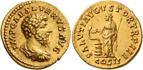 121   -  FAUSTINA II. Aureus. AV 7.26 g. IMP CAES L VERVS AVG Bare-headed, draped and cuirassed bust r. Rev. SALVTI AVGVSTOR TR P III Salus standing l., feeding out of patera snake coiled around altar and holding sceptre. In exergue, COS II. A bold portrait of fine style, virtually as struck and almost Fdc.