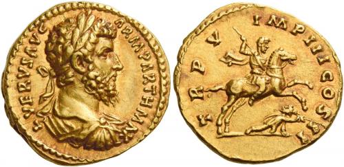 126   -  LUCIUS VERUS. Aureus.  AV 7.27 g. L VERVS AVG – ARM PARTH MAX Laureate, draped and cuirassed bust r. Rev. TR P V – IMP III COS II Emperor, in military attire, on horseback r., spearing fallen enemy. A bold portrait and a finely detailed reverse composition. Wonderful reddish tone and extremely fine. 