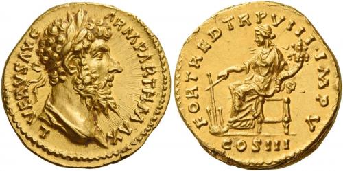 129   -  LUCIUS VERUS. Aureus. AV 7.22 g. L VERVS AVG – ARM PARTH MAX Laureate and draped bust r. Rev. FORT RED TR P VIII IMP V Fortuna seated l., holding rudder in r. hand and cornucopia in l.; in exergue, COS III.  A powerful portrait of excellent style struck in high relief. Virtually as struck and almost Fdc.