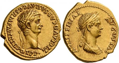13 - CLAUDIUS. Aureus. AV 7.67 g. TI CLAVD CAESAR AVG GERM P M TRIB POT P P Laureate head of Claudius r. Rev. AGRIPPINAE – AVGVSTAE Draped bust of Agrippina r., wearing crown of corn ears. Rare and in unusually fine condition for the issue. Two lovely portraits exceptionally well centred on a full flan. Extremely fine.