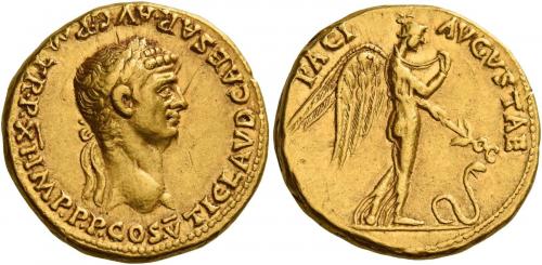 14 - CLAUDIUS. Aureus.AV 7.79 g. TI CLAVD CAESAR AVG P M TR P XI IMP P P COS V Laureate head r. Rev. PACI – AVGVSTAE Pax-Nemesis, winged, advancing r., spitting into peplos and holding in l. hand caduceus pointed towards serpent moving r. Very rare. Minor marks and two nicks on obverse, otherwise good very fine / about extremely fine