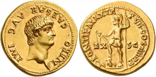 16 - NERO CAESAR. Aureus. AV 7.32 g. NERO CAESAR·AVG IMP Bare head r. Rev. PONTIF MAX TR – P VII COS IIII P·P Virtus, helmeted and in military attire, standing l., holding parazonium and sceptre; r. foot on pile of arms; at his sides, EX – SC. Rare. Struck in high relief on a very broad flan. Virtually as struck and almost Fdc.