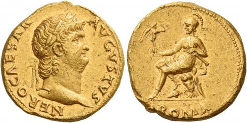 19 - NERO AUGUSTUS. Aureus. AV 7.26 g. NERO CAESAR – AVGVSTVS Laureate head r. Rev. Roma seated l. on cuirass, holding Victory in r. hand and parazonium in l.; in exergue, ROMA. Matt surface and several marks, otherwise about extremely fine.
