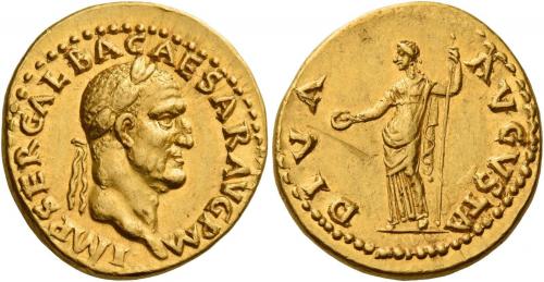 21 - GALBA. Aureus. AV 7.30 g. IMP SER GALBA CAESAR AVG P M Laureate head r. Rev. DIVA – AVGVSTA Livia standing l., holding patera in r. hand and sceptre in l. Very rare. A bold portrait struck in high relief on a very broad flan, an unobtrusive scratch on reverse field, otherwise extremely fine.