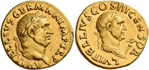 22 - VITELLIUS. Aureus. AV 7.28 g. A VITELLIVS GERMAN IMP TR P Laureate head of Vitellius r. Rev. L VITELLIVS COS III CENSOR Laureate and draped bust of L. Vitellius r., holding eagle-tipped sceptre. Extremely rare. Two attractive portraits of fine style, several light marks on both obverse and reverse, otherwise about extremely fine / good very fine.