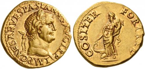 24 - VESPASIAN. Aureus. AV 7.25 g. IMP CAESAR VESPASIANVS AVG TR P Laureate head r. Rev. COS ITER FORT RED Fortuna standing l., holding cornucopia and resting hand on prow to l. An unusual and interesting portrait. Extremely fine.