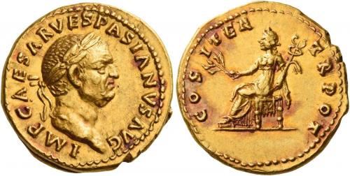 25 - VESPASIAN. Aureus. AV 7.32 g. IMP CAESAR VESPASIANVS AVG Laureate head r. Rev. COS ITER – TR POT Pax seated l., holding branch and caduceus. An unusual and interesting portrait struck in high relief on a full flan and a superb reddish tone. Virtually as struck and almost Fdc.