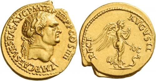 26 - VESPASIAN. Aureus. AV 7.25 g. IMP CAES VESPAS AVG P M TR P IIII P P COS IIII Laureate head r. Rev. PACI – AVGVSTI Winged Nemesis advancing r., pointing caduceus at snake before her. A very attractive portrait struck on a very broad flan. Good extremely fine.
