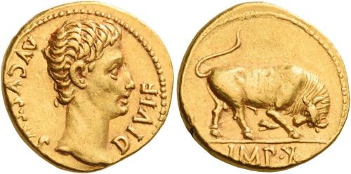 3 - OCTAVIAN AS AUGUSTUS. Aureus. AV 7.87 g. AVGVSTVS – DIVI F Bare head r. Rev. Bull butting r.; in exergue, IMP·X. C 136. Struck on a very broad flan and extremely fine.