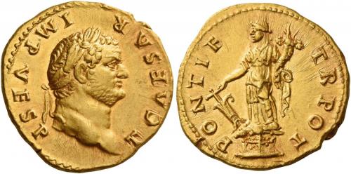 30 - TITUS CAESAR. Aureus. AV 7.18 g. T CAESAR – IMP VESP Laureate head r. Rev. PONTIF – TR POT Fortuna standing l. on garlanded base, holding rudder and cornucopia. Extremely fine.