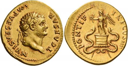 31   -  TITUS CAESAR. Aureus. AV 7.28 g. T CAESAR – IMP VESPASIAN Laureate head r. Rev. PONTIF – TR P COS IIII Victory standing l. on cista mistica, holding wreath in r. hand and palm branch in l.; on either side, coiled snake. A spectacular portrait struck on a very broad flan and a light reddish tone. Virtually as struck and almost Fdc.