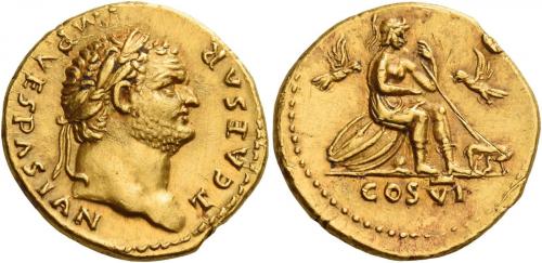 33   -  TITUS CAESAR. Aureus. AV 7.31 g. T CAESAR IMP – VESPASIAN Laureate head r. Rev. Roma seated r. on shields, helmet below, holding spear in l. hand; on either side, a bird; before her, she-wolf with twins and in exergue, COS VI. Lovely light reddish tone, minor marks on reverse and an edge nick at one oclock on reverse, otherwise good extremely fine.