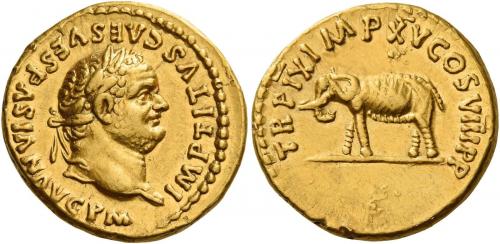 34 - TITUS AUGUSTUS. Aureus. AV 7.26 g. IMP TITVS CAES VESPASIAN AVG P M Laureate head r. Rev. TR P IX IMP XV COS VIII P P Elephant advancing l. Rare and in unusually good condition for this very difficult issue. Two edge marks at seven oclock on reverse, otherwise about extremely fine.
