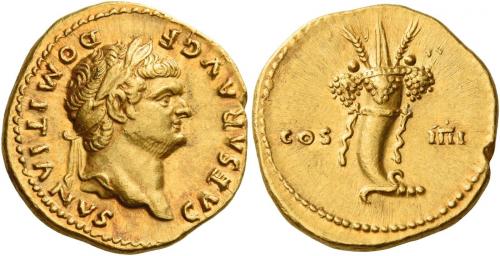 35 - DOMITIAN CAESAR. Aureus. AV 7.20 g. CAESAR AVG F DOMITIANVS Laureate head r. Rev. COS – IIII Cornucopia tied up with ribbons. Wonderful light reddish tone and extremely fine.