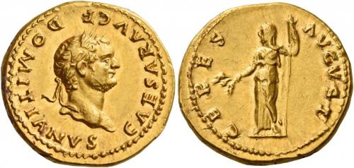 36 - DOMITIAN CAESAR. Aureus. AV 7.54 g. CAESAR AVG F – DOMITIANVS Laureate head r. Rev. CERES – AVGVST Ceres standing l., holding corn ears in r. hand and sceptre in l. A very unusual and gentle portrait struck in high relief. Two almost invisible scuffs, one on the obverse and the other one on the reverse, otherwise good extremely fine.