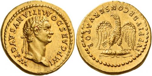 37 - DOMITIAN AUGUSTUS. Aureus. AV 7.77 g. IMP CAES DOMITIANVS AVG P M Laureate head r. Rev. IVPPITER CONSERVATOR Eagle, with spread wings, standing facing perched on thunderbolt. Very rare and in exceptional condition for the issue. A superb portrait struck in high relief and an interesting reverse composition. Virtually as struck and almost Fdc.