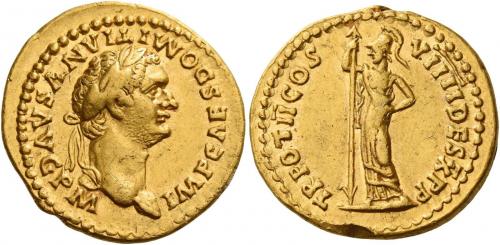38 - DOMITIAN AUGUSTUS. Aureus. AV 7.63 g. IMP CAES DOMITIANVS AVG P M Laureate head r. Rev. TR POT II COS VIIII DES X P P Minerva standing l., holding spear in r. hand. Rare. An edge nick at six oclock on reverse, otherwise good very fine.