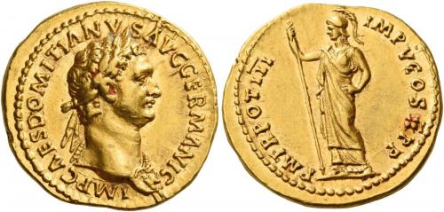 39   -  DOMITIAN AUGUSTUS. Aureus. AV 7.77 g. IMP CAES DOMITIANVS AVG GERMANIC Laureate bust r., wearing aegis. Rev. P M TR POT III IMP V COS X P P Minerva standing l., holding sceptre in r. hand.  Very rare. A spectacular portrait of excellent style struck in high relief and a very elegantly engraved reverse die. Extremely fine.