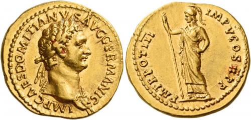 39 - DOMITIAN AUGUSTUS. Aureus. AV 7.77 g. IMP CAES DOMITIANVS AVG GERMANIC Laureate bust r., wearing aegis. Rev. P M TR POT III IMP V COS X P P Minerva standing l., holding sceptre in r. hand. Very rare. A spectacular portrait of excellent style struck in high relief and a very elegantly engraved reverse die. Extremely fine.
