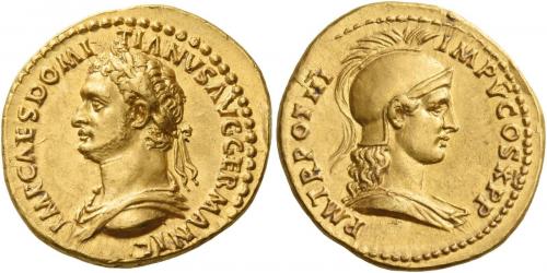 40   -  DOMITIAN AUGUSTUS. Aureus. AV 7.77 g. IMP CAES DOMI – TIANVS AVG GERMANIC Laureate and draped bust l. Rev. P M TR POT III – IMP V COS X P P Helmeted and draped bust of Minerva r. Very rare and in exceptional condition for the issue, possibly the finest specimen in private hands. Two portraits of enchanting beauty, the work of a talented master engraver. Struck on a very broad flan, two minor edge marks, otherwise good extremely fine.