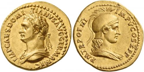 40 - DOMITIAN AUGUSTUS. Aureus. AV 7.77 g. IMP CAES DOMI – TIANVS AVG GERMANIC Laureate and draped bust l. Rev. P M TR POT III – IMP V COS X P P Helmeted and draped bust of Minerva r. Very rare and in exceptional condition for the issue, possibly the finest specimen in private hands. Two portraits of enchanting beauty, the work of a talented master engraver. Struck on a very broad flan, two minor edge marks, otherwise good extremely fine.