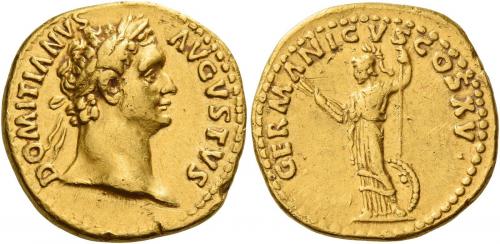 42 - DOMITIAN AUGUSTUS. Aureus. AV 7.52 g. DOMITIANVS – AVGVSTVS Laureate head r. Rev. GERMANICVS COS XV Minerva, helmeted and draped, standing l., holding thunderbolt and spear; at her l. side, shield. Good very fine / very fine.