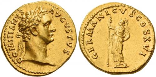 43 - DOMITIAN AUGUSTUS. Aureus. AV 7.55 g. DOMITIANVS – AVGVSTVS Laureate head r. Rev. GERMANICVS COS XVI Minerva standing l., holding spear in r. hand. Rare. Struck in high relief and good extremely fine.