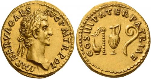 44   -  NERVA AUGUSTUS. Aureus. AV 7.56 g. IMP NERVA CAES – AVG P M TR POT Laureate head r. Rev. COS III PATER PATRIAE Simpulum, sprinkler, jug and lituus. Rare and among the finest specimens in private hands of this extremely difficult issue. A very realistic portrait of excellent style, well-struck in high relief and centred on a very large flan. Virtually as struck and almost Fdc.