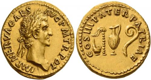 44 - NERVA AUGUSTUS. Aureus. AV 7.56 g. IMP NERVA CAES – AVG P M TR POT Laureate head r. Rev. COS III PATER PATRIAE Simpulum, sprinkler, jug and lituus. Rare and among the finest specimens in private hands of this extremely difficult issue. A very realistic portrait of excellent style, well-struck in high relief and centred on a very large flan. Virtually as struck and almost Fdc.