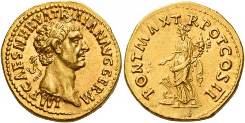 45   -  TRAJAN AUGUSTUS. Aureus.  AV 7.47 g. IMP CAES NERVA TR–AIAN AVG GERM Laureate head r. Rev. PONT MAX T – R POT COS II Fortuna standing l., holding rudder set on prow and cornucopia. A very interesting early portrait of Trajan perfectly struck and centred on a large flan. Virtually as struck and almost Fdc.