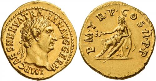 46   -  TRAJAN AUGUSTUS. Aureus. AV 7.47 g. IMP CAES NERVA TRA – IAN AVG GERM Laureate head r. Rev. P M TR P COS II P P Germania seated l. on oblong shields, holding branch in r. hand and resting l. arm on shields. Below, between shields, helmet. Struck on a very broad flan, several minor marks, otherwise extremely fine.
