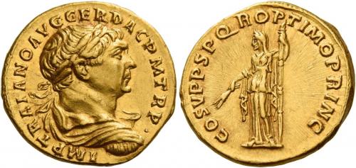 47 - TRAJAN AUGUSTUS. Aureus. AV 7.33 g. IMP TRAIANO AVG GER DAC P M TR P Laureate, draped and cuirassed bust r. Rev. COS V P P S P Q R OPTIMO PRINC Ceres standing l. holding corn ears and sceptre. Perfectly centred on a full flan and extremely fine.