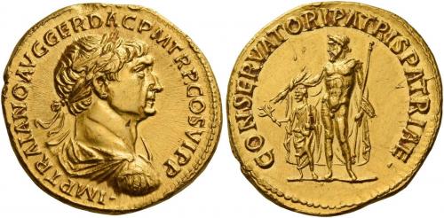 48 - TRAJAN AUGUSTUS. Aureus. AV 7.23 g. IMP TRAIANO AVG GER DAC P M TR P COS VI P P Laureate, draped and cuirassed bust r. Rev. CONSERVATORI PATRIS PATRIAE Jupiter standing l., holding sceptre in l. hand and thunderbolt in extended r. over the head of small figure of Trajan standing l., holding branch in extended r. hand and short sceptre in l. C 46 var. (not cuirassed). Very rare. Minor marks on edge and obverse field, otherwise good extremely fine.