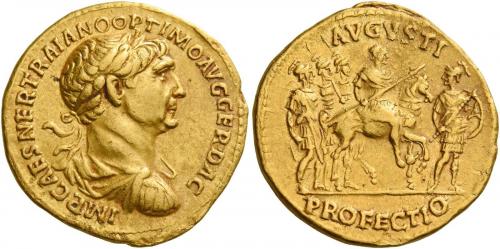49   -  TRAJAN AUGUSTUS. Aureus.  AV 7.27 g. IMP CAES NER TRAIANO OPTIMO AVG GER DAC Laureate, draped and cuirassed bust r. Rev. AVGVSTI – PROFECTIO Emperor on horse prancing r., holding spear; in r. field, soldier advancing r., head l., holding spear and shield. Behind, three soldiers advancing r. C 41 var. (not cuirassed). Extremely rare, apparently only the sixth specimen known. Struck on a very broad flan and good very fine / about extremely fine.