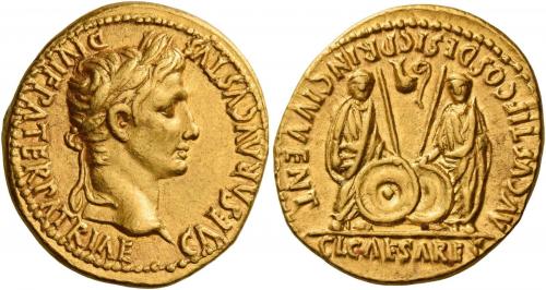 5   -  OCTAVIAN AS AUGUSTUS. Aureus.  AV 7.70 g. CAESAR AVGVSTVS – DIVI F PATER PATRIAE Laureate head r. Rev. AVGVSTI F COS DESIG PRINC IVVENT Caius and Lucius standing facing, each togate and resting hand on shield; behind each shield, a spear. Above on l., lituus to r. and, on r., simpulum to l. In exergue, CL CAESARES. Well struck and centred on a large flan. Extremely fine.