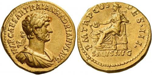 54   -  HADRIAN AUGUSTUS. Aureus. AV 7.14 g. IMP CAESAR TRAIAN HADRIANVS AVG Laureate, draped, and cuirassed bust r. Rev. P M TR P COS – DES III Salus seated l. on throne, feet on footstool, feeding out of patera serpent coiled around altar and leaning l. arm on throne. In exergue, SALVS AVG. A lovely portrait of fine style struck in high relief. Pincer marks on edge at ten oclock on obverse and seven oclock on reverse, otherwise about extremely fine