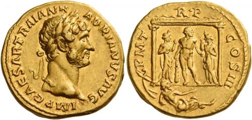 56   -  HADRIAN AUGUSTUS. Aureus. AV 7.11 g. IMP CAESAR TRAIAN H – ADRIANVS AVG Laureate head r. Rev. P M T – R P – COS III Hercules standing facing in distyle temple, head r., resting on club and holding apples (?); flanked by two female figures (Hesperides?); below temple, river god (Baetis?) reclining r. Behind in l. field, prow. Very rare and in unusually fine condition for this very difficult issue, among the finest
specimens in private hands. An interesting reverse composition and a pleasant portrait  struck on a full flan. Extremely fine