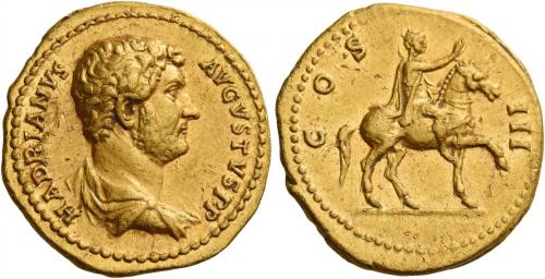 58   -  HADRIAN AUGUSTUS. Aureus.  AV 7.37 g. HADRIANVS – AVGVSTVS P P Bare-headed and draped bust r. Rev. COS – III Hadrian on horse pacing r., raising r. hand. A bold portrait, several minor marks, otherwise good very fine.