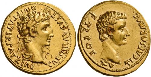 6   -  TIBERIUS AUGUSTUS. Aureus. AV 7.75 g. CAESAR AVGVSTVS – DIVI F PATER PATRIAE Laureate head of Augustus r. Rev. TI CAESAR AVG – F TR POT – XV Bare head of Tiberius r.Extremely rare, among the finest specimens in private hands of this difficult issue. Two bold portraits struck on a very large flan, a minor bankers mark on obverse and minor marks on reverse, otherwise extremely fine.