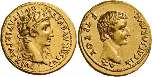 6 - TIBERIUS AUGUSTUS. Aureus. AV 7.75 g. CAESAR AVGVSTVS – DIVI F PATER PATRIAE Laureate head of Augustus r. Rev. TI CAESAR AVG – F TR POT – XV Bare head of Tiberius r.Extremely rare, among the finest specimens in private hands of this difficult issue. Two bold portraits struck on a very large flan, a minor bankers mark on obverse and minor marks on reverse, otherwise extremely fine.