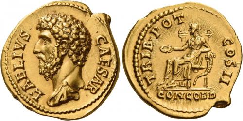 63   -  AELIUS CAESAR. Aureus. , AV 7.43 g. L AELIVS – CAESAR Bare-headed and draped bust l. Rev. TRIB POT – COS II Concordia seated l., holding patera and resting l. elbow on cornucopia; in exergue, CONCORD. An exceedingly rare variety with the drapery on the l. shoulder of a rare type. A portrait of excellent style struck on a broad flan. Virtually as struck and almost Fdc.