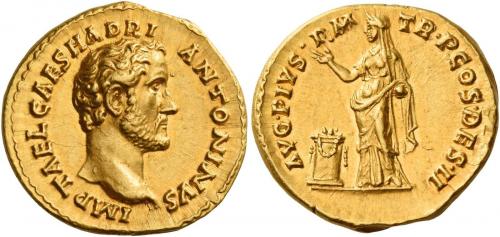 64   -  ANTONINUS PIUS AUGUSTUS. Aureus.AV 7.41 g. IMP T AEL CAES HADRI – ANTONINVS Bare head r. Rev. AVG PIVS P M – TR P COS DES II Pietas standing l., holding incense box and raising r. hand over garlanded and lighted altar. A spectacular portrait of excellent style. Virtually as struck and almost Fdc.